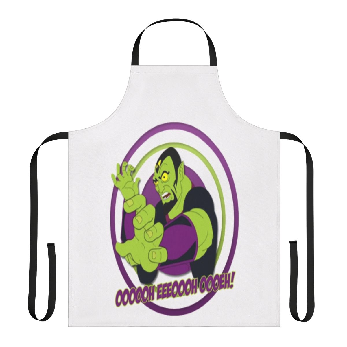 Cartoon character designed apron with pop culture references