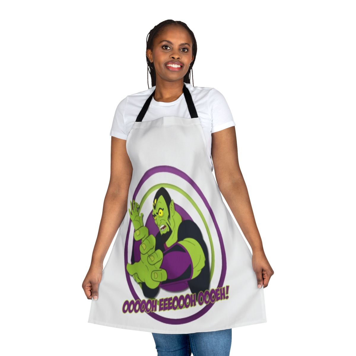 Cartoon character designed apron with pop culture references