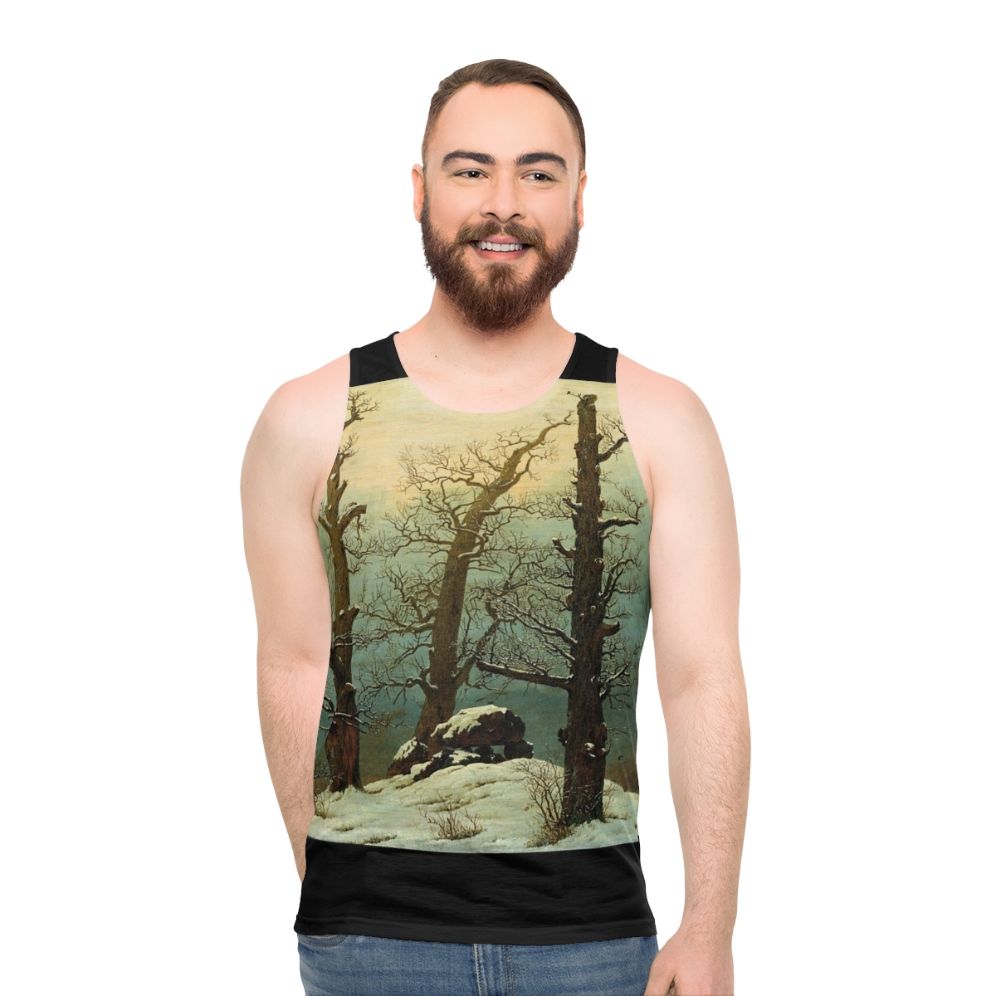 Caspar David Friedrich inspired snow mountain landscape unisex tank top