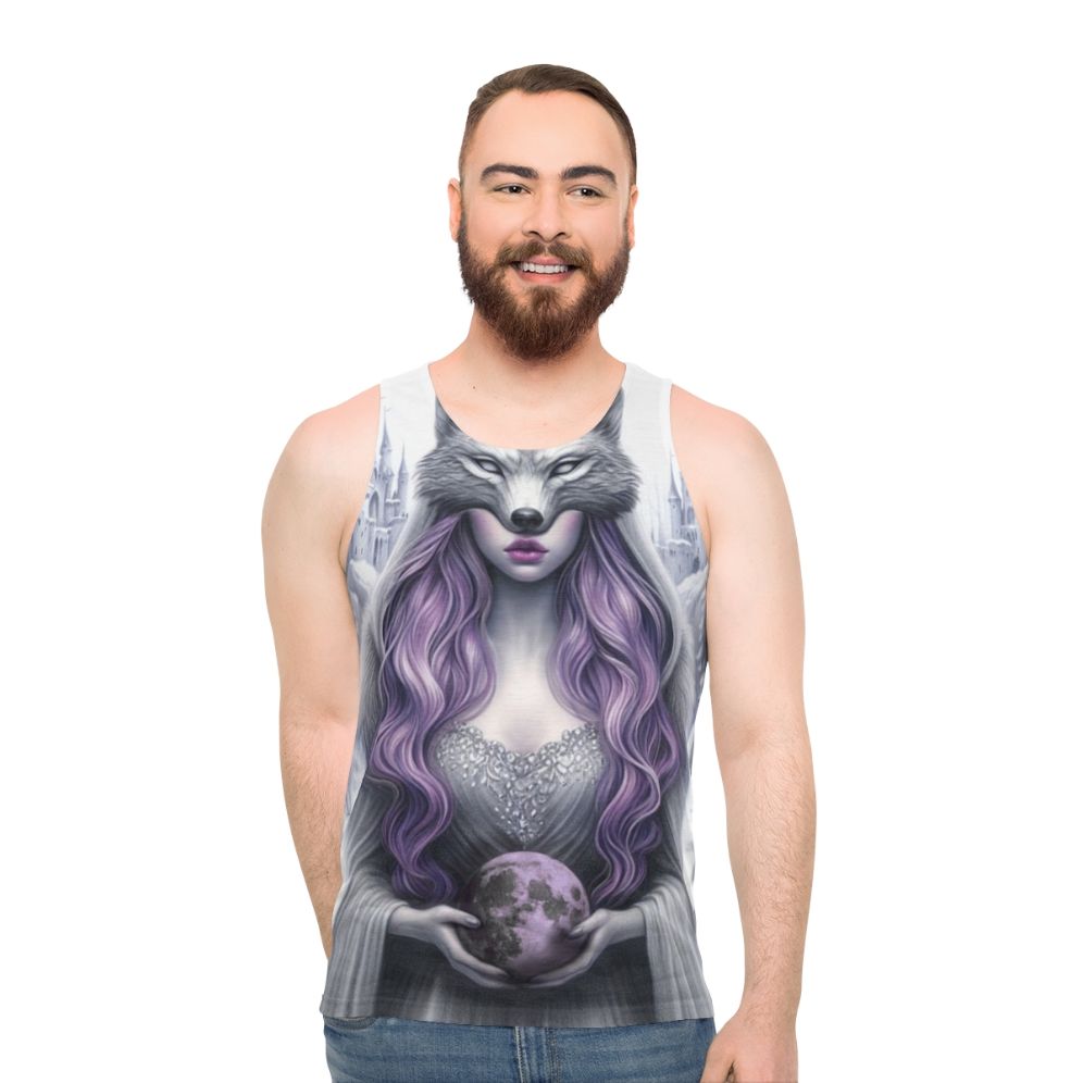 Unisex tank top with a mystical castle in the sky and wolves design