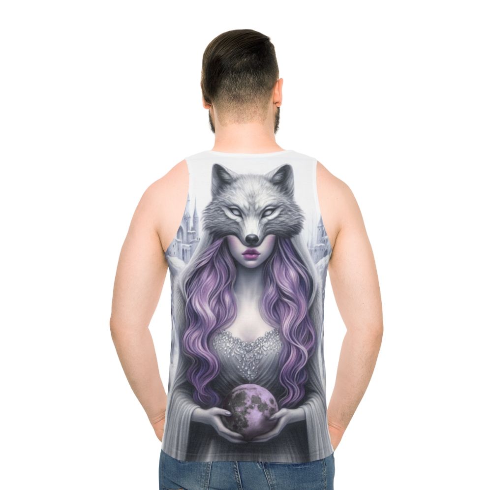 Unisex tank top with a mystical castle in the sky and wolves design