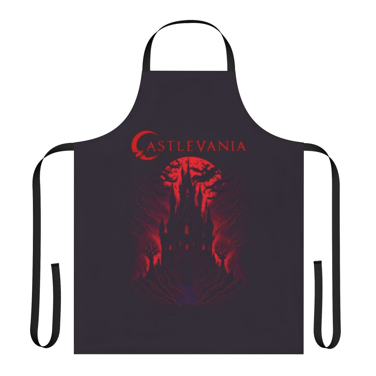 Castlevania-inspired apron featuring the Belmont clan, Alucard, and Sypha Belnades characters