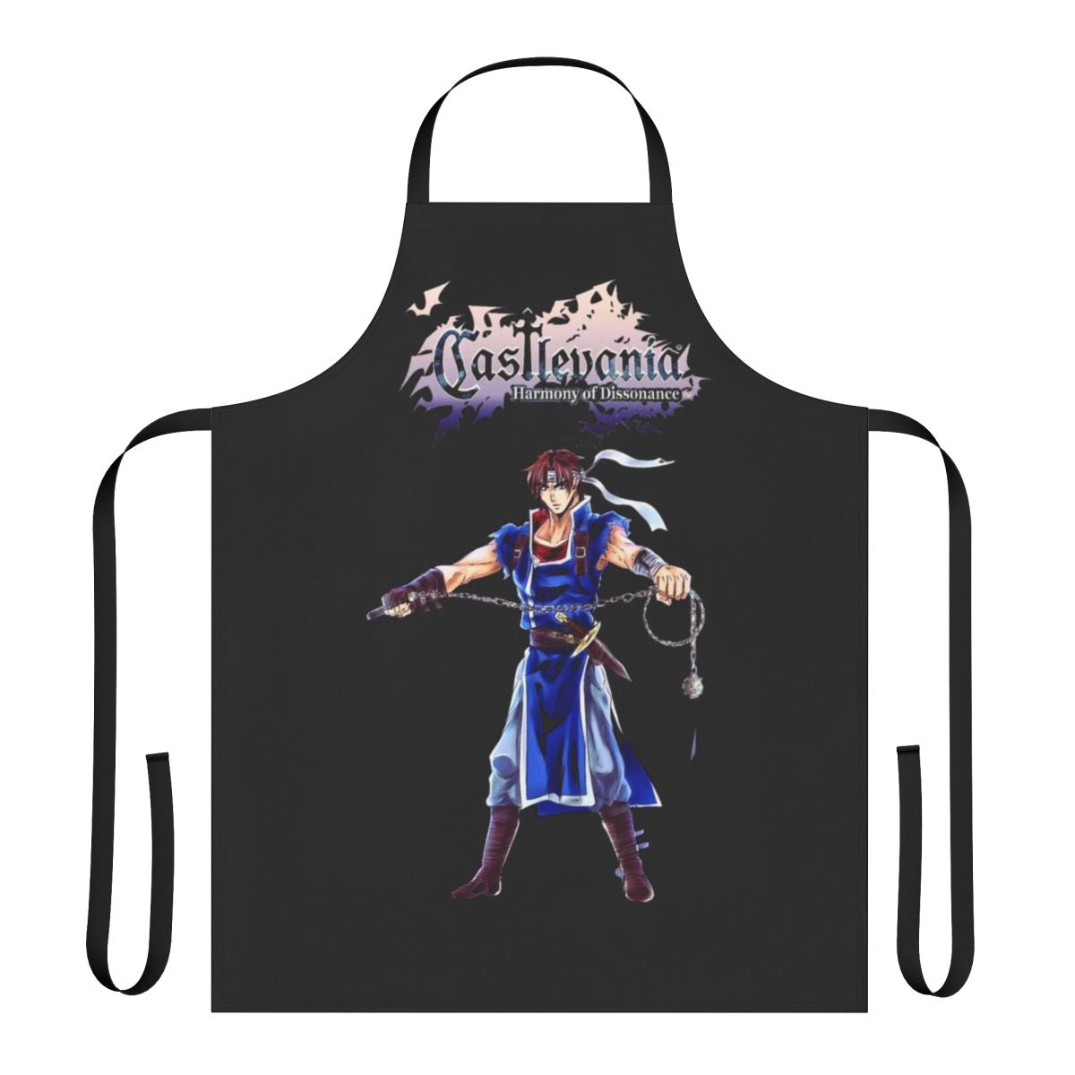 A high-quality apron featuring Castlevania-inspired designs, perfect for fans of the Belmont clan and Alucard.
