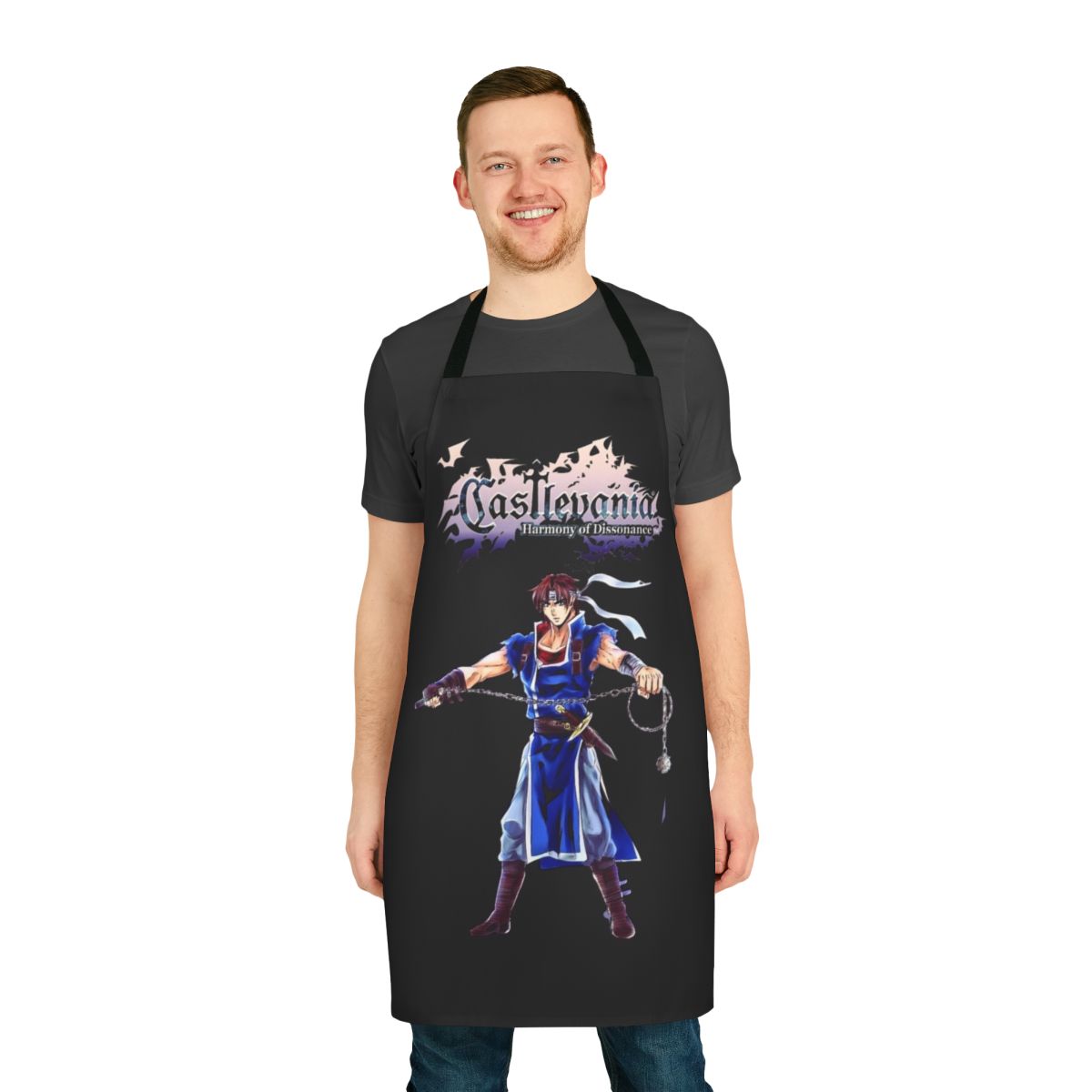 A high-quality apron featuring Castlevania-inspired designs, perfect for fans of the Belmont clan and Alucard.