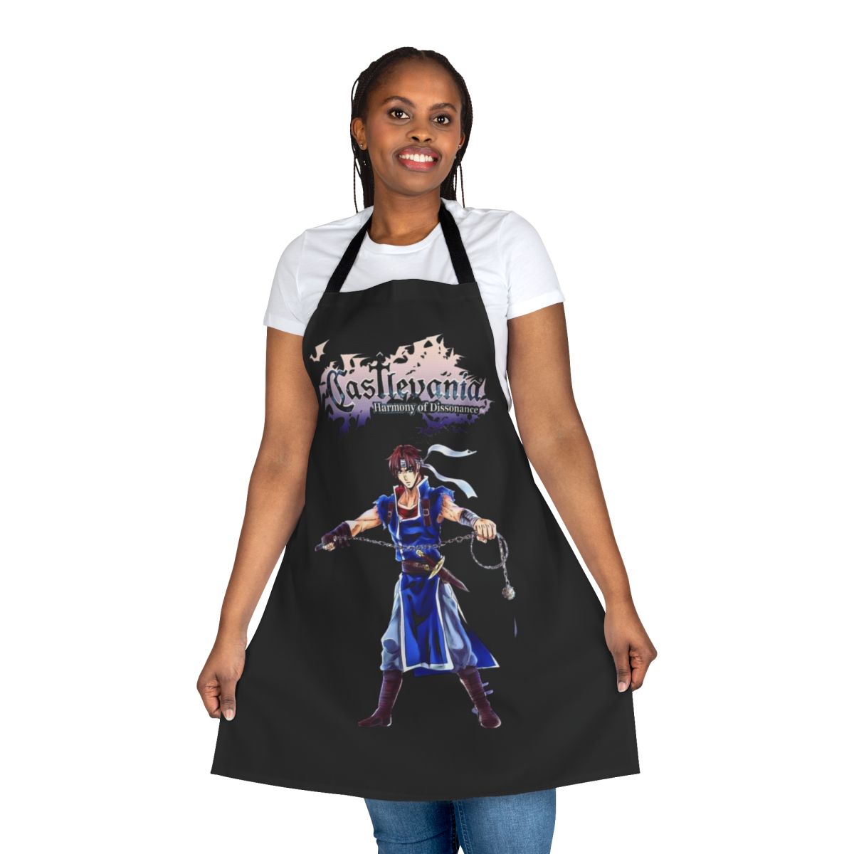 A high-quality apron featuring Castlevania-inspired designs, perfect for fans of the Belmont clan and Alucard.