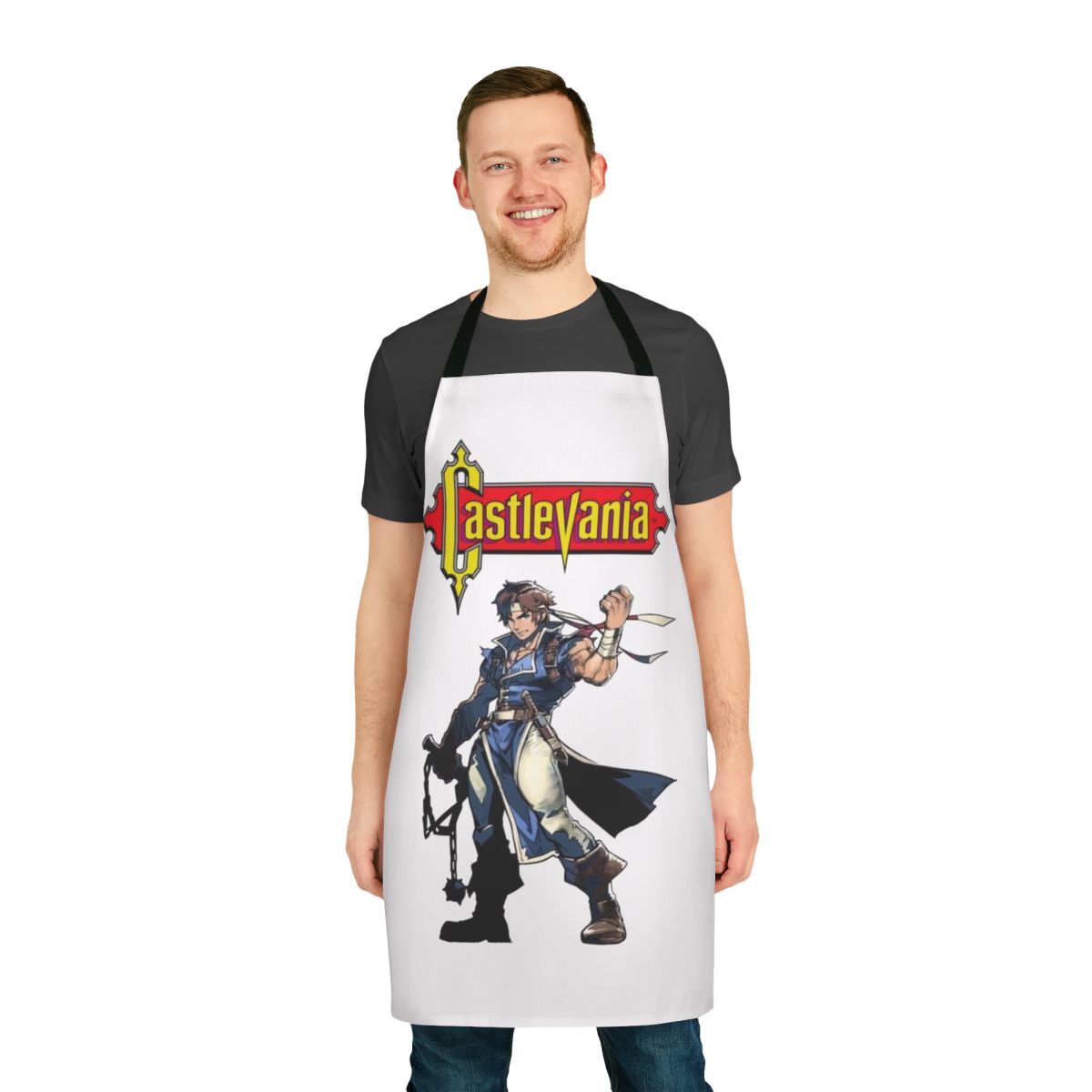 Castlevania-inspired apron featuring characters like Alucard, Trevor Belmont, and Sypha Belnades