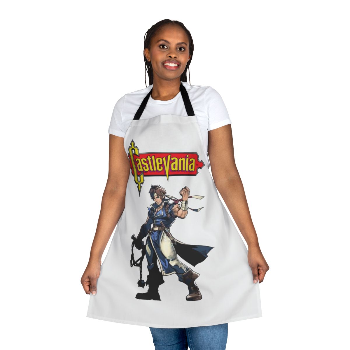 Castlevania-inspired apron featuring characters like Alucard, Trevor Belmont, and Sypha Belnades