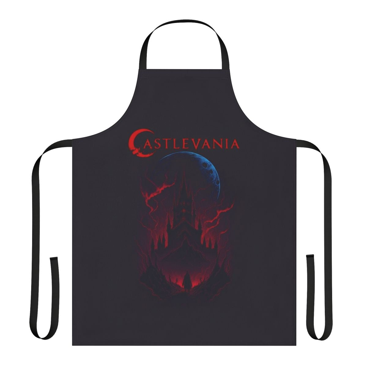 Castlevania-inspired apron featuring Alucard, Belmont, and Dracula imagery