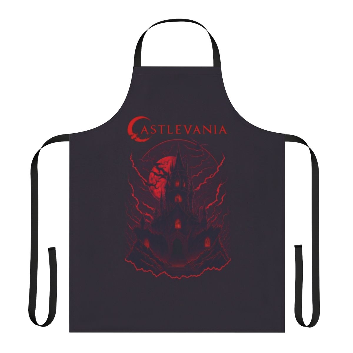 Castlevania-inspired apron with characters like Alucard, Trevor Belmont, and Sypha Belnades
