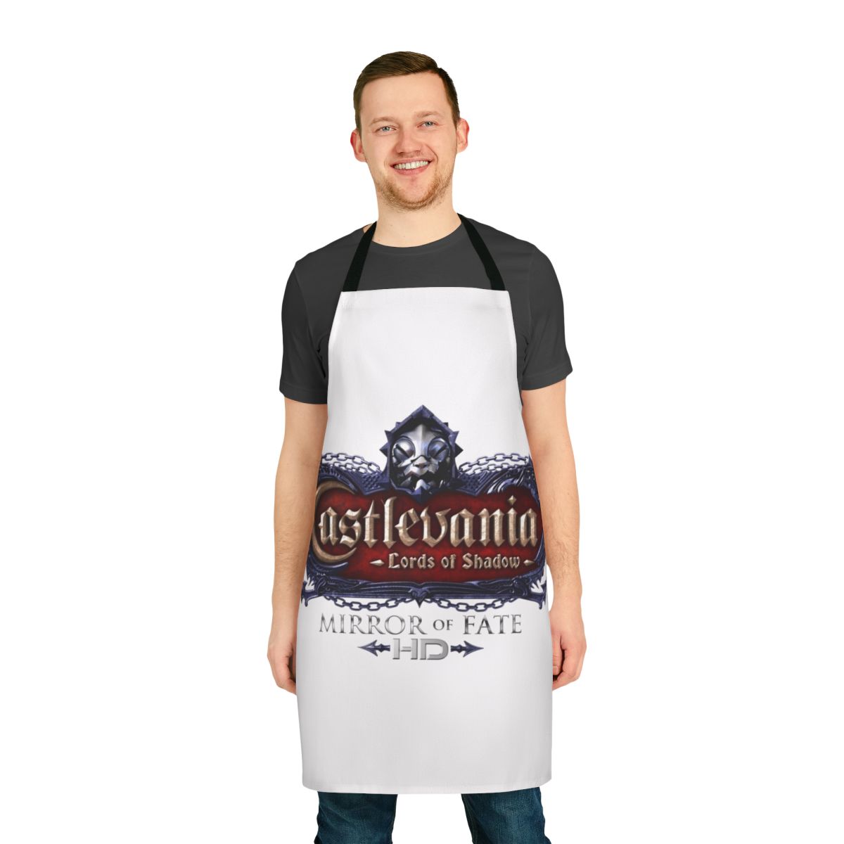 Castlevania-inspired apron featuring characters like Alucard, Trevor Belmont, and Sypha Belnades