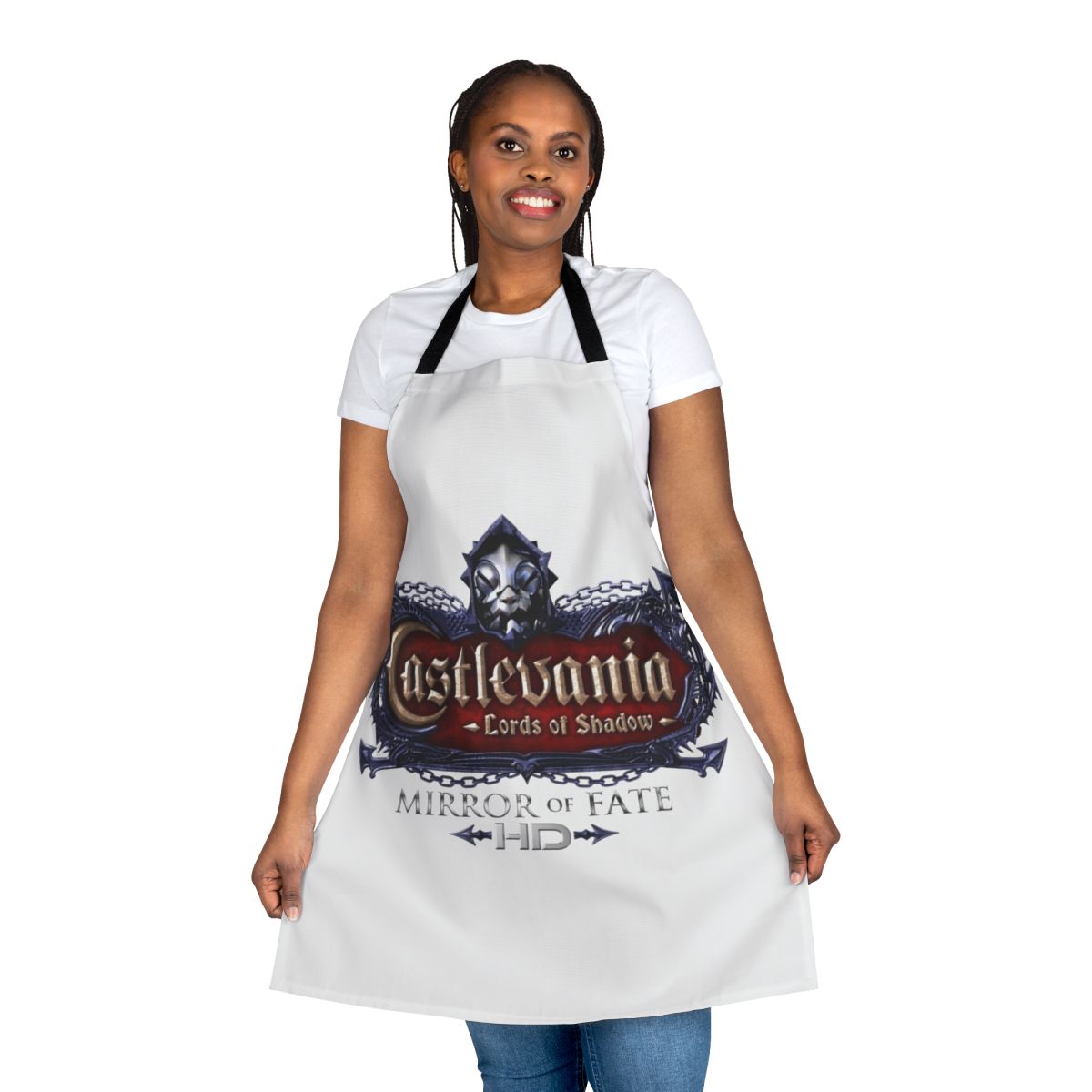 Castlevania-inspired apron featuring characters like Alucard, Trevor Belmont, and Sypha Belnades