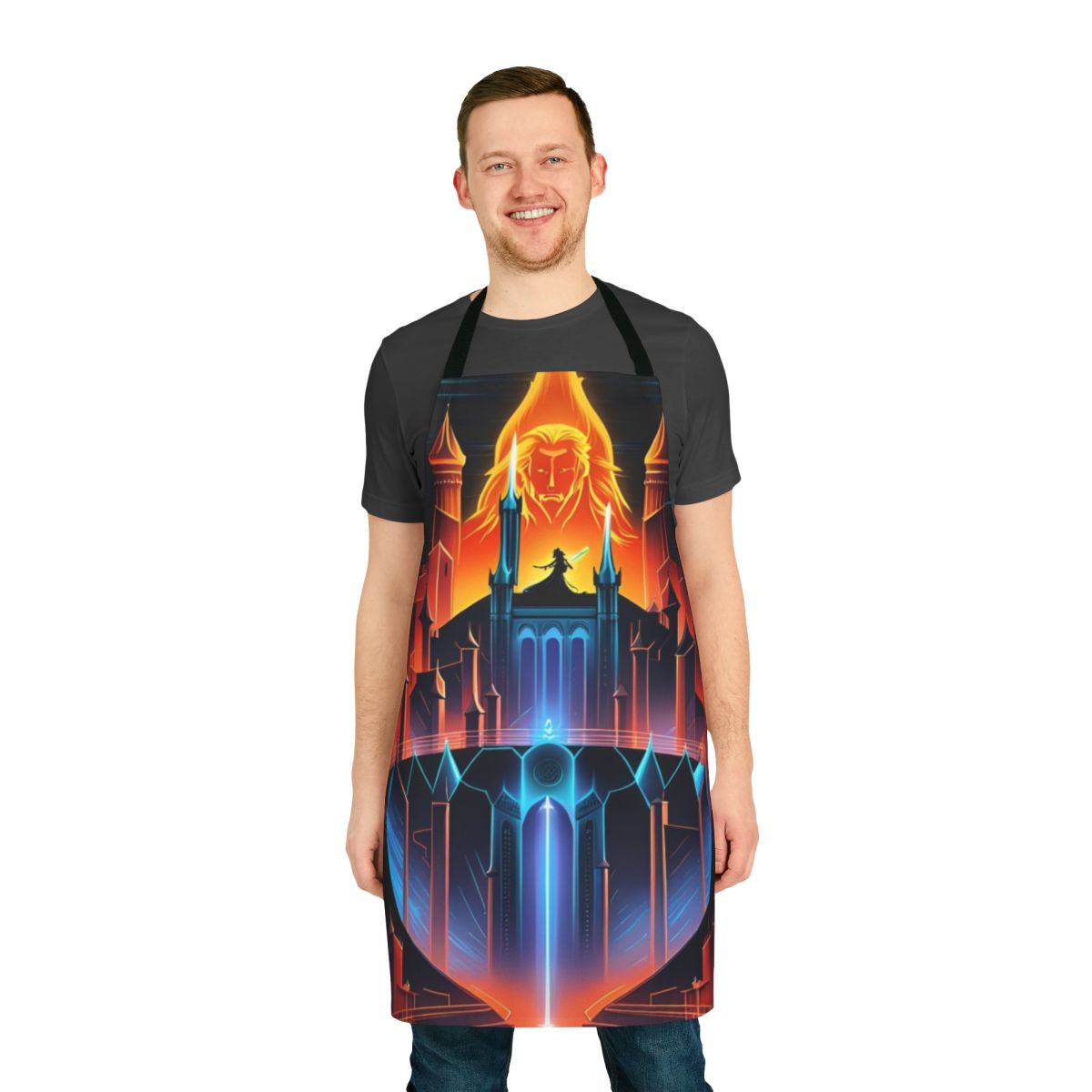 Castlevania-inspired art apron featuring iconic characters and imagery from the classic video game series.