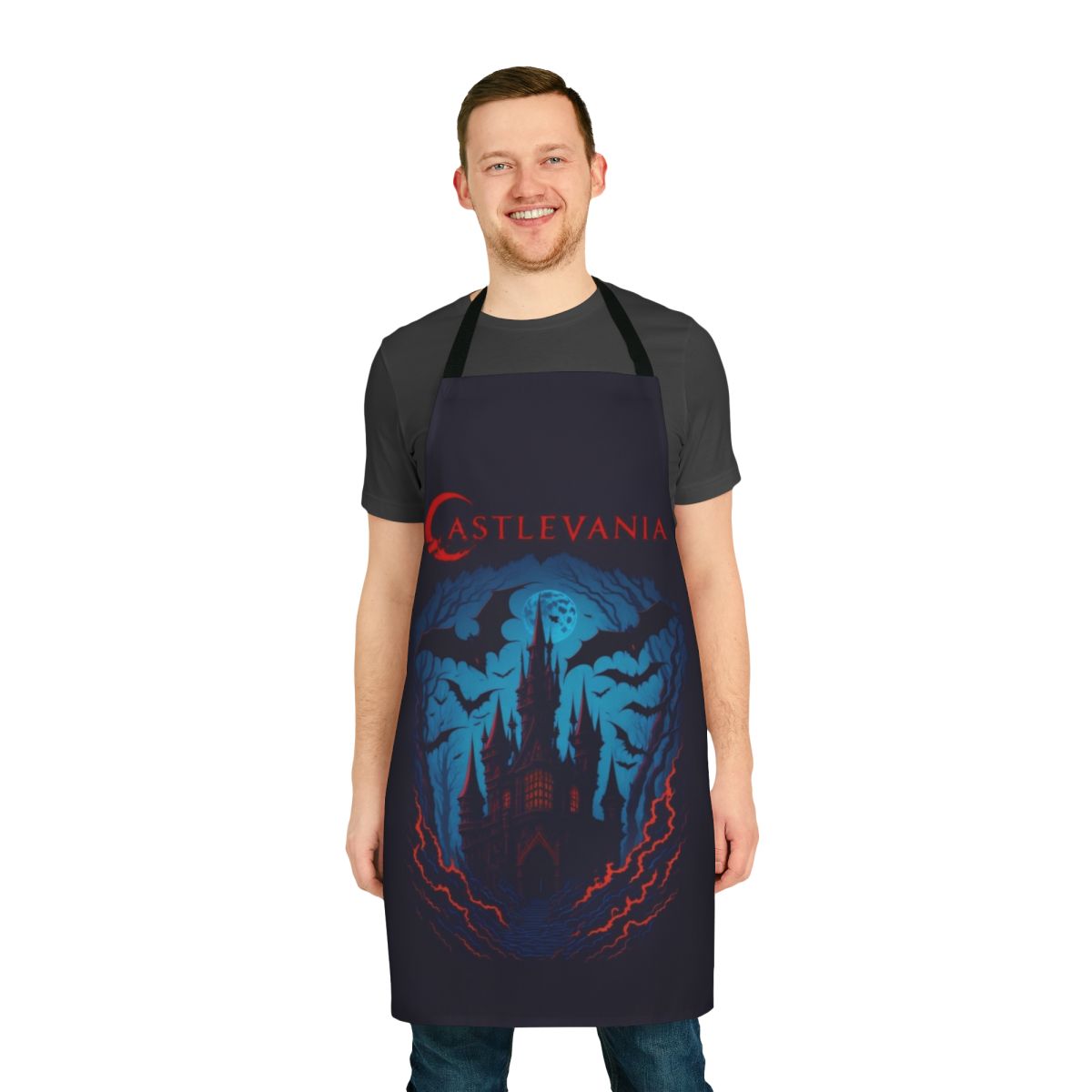 Castlevania-inspired blue mist apron with Belmont family crest and vampire hunter design