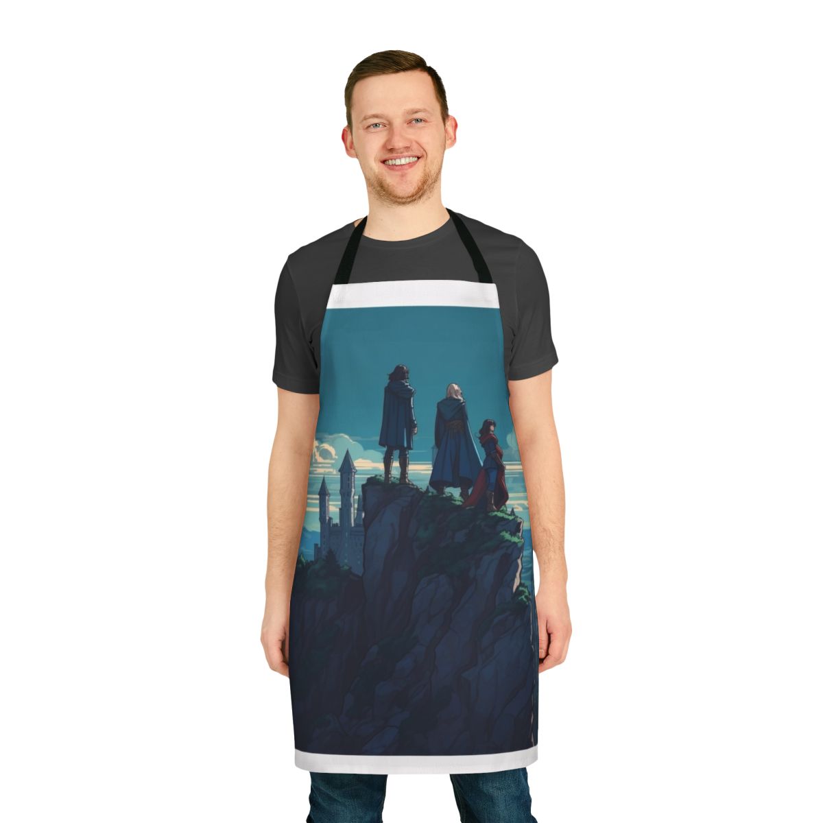 Castlevania-inspired fantasy apron featuring characters Trevor Belmont, Sypha Belnades, and Alucard