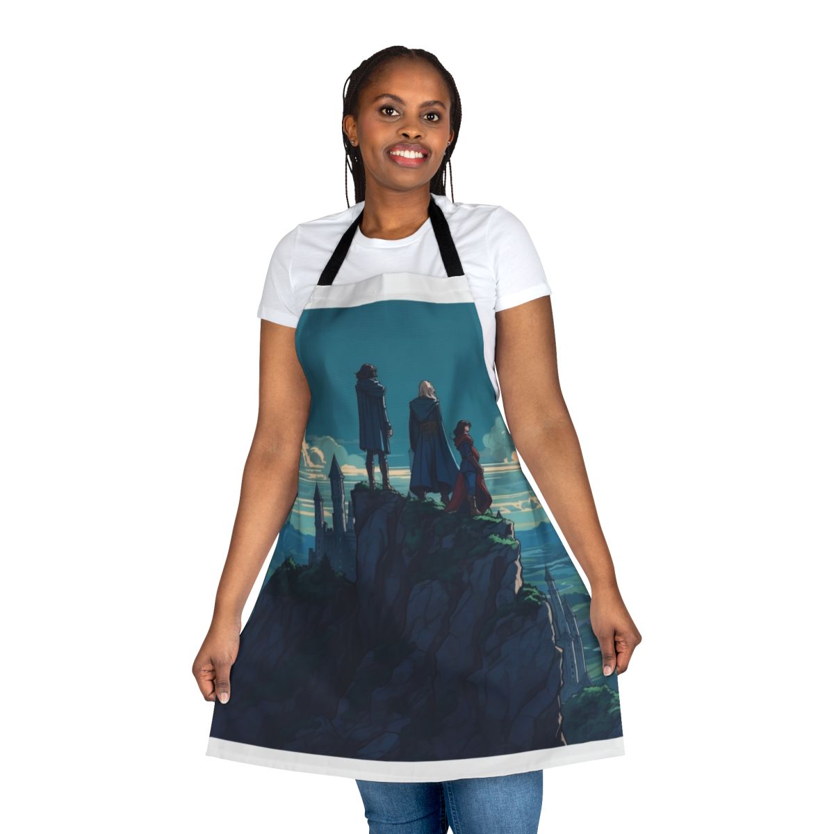 Castlevania-inspired fantasy apron featuring characters Trevor Belmont, Sypha Belnades, and Alucard