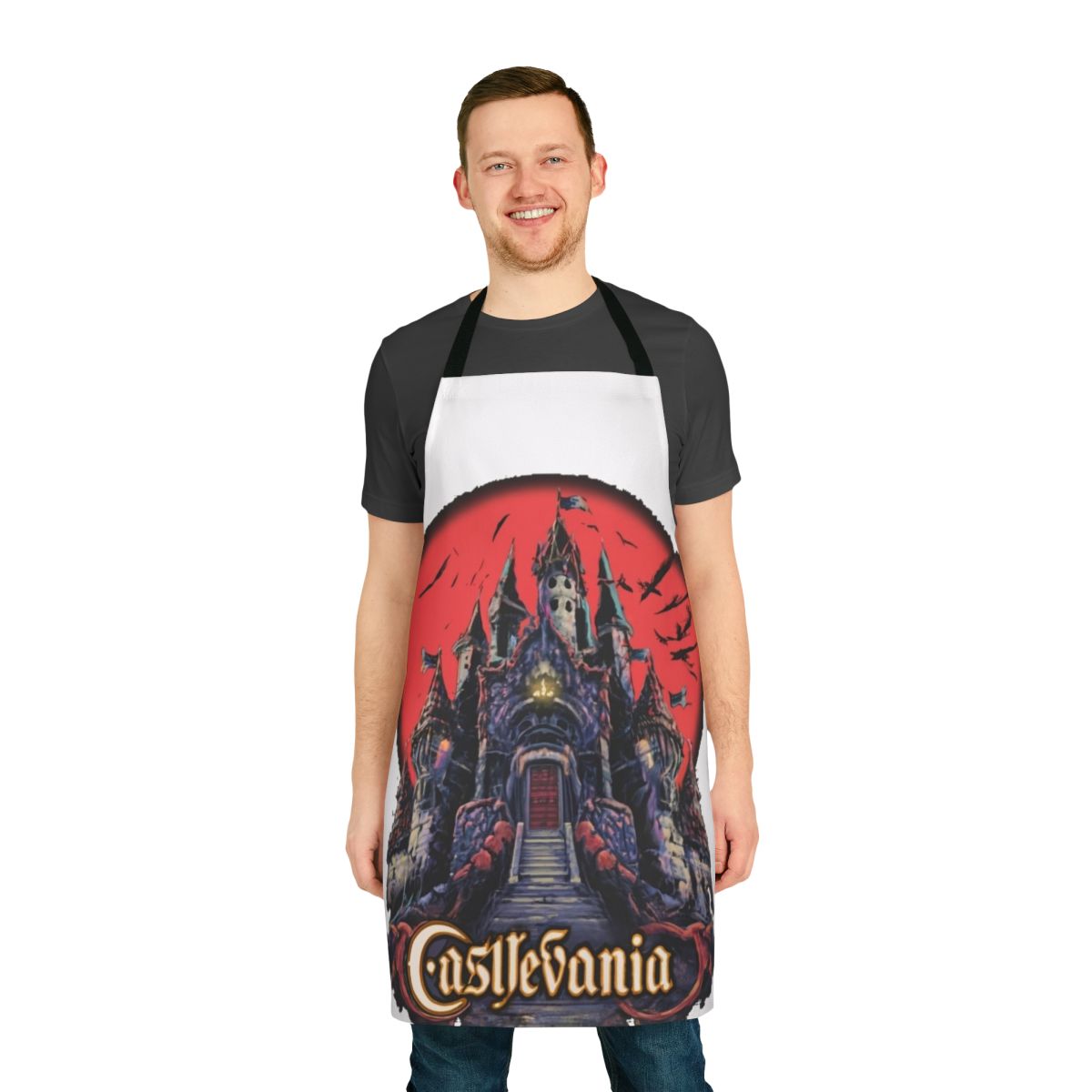Castlevania-themed apron with game graphics and text