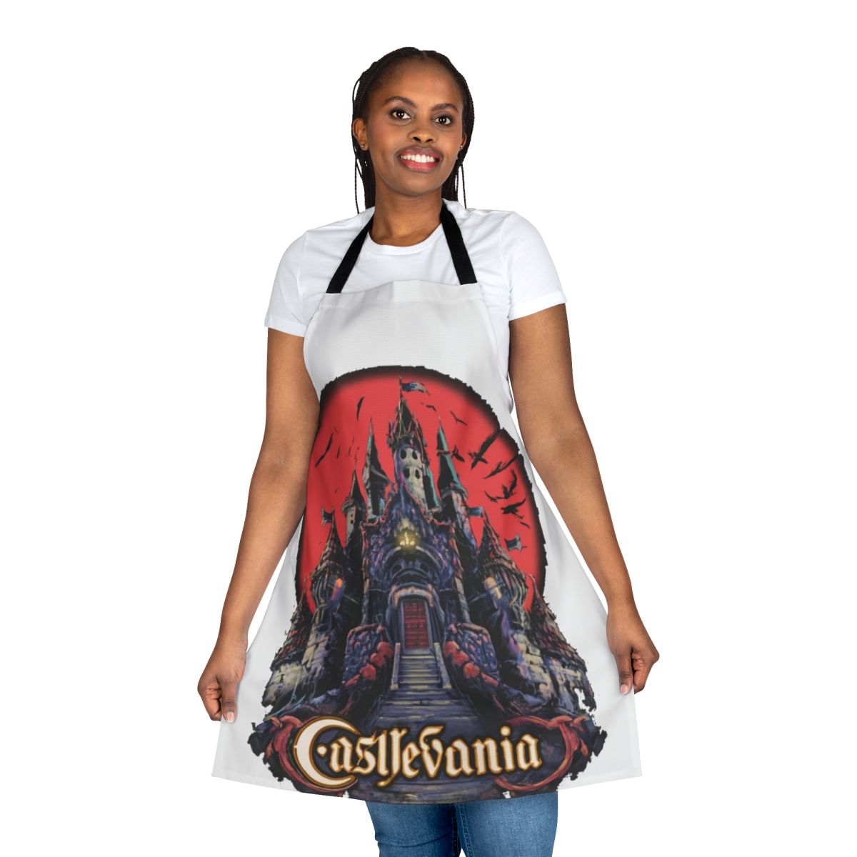 Castlevania-themed apron with game graphics and text