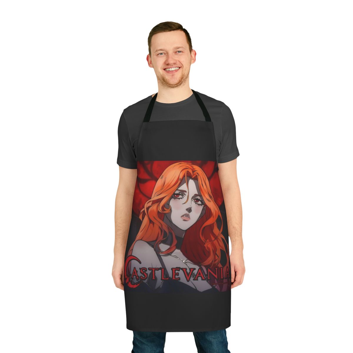Castlevania-inspired Lenore apron featuring characters from the Netflix series