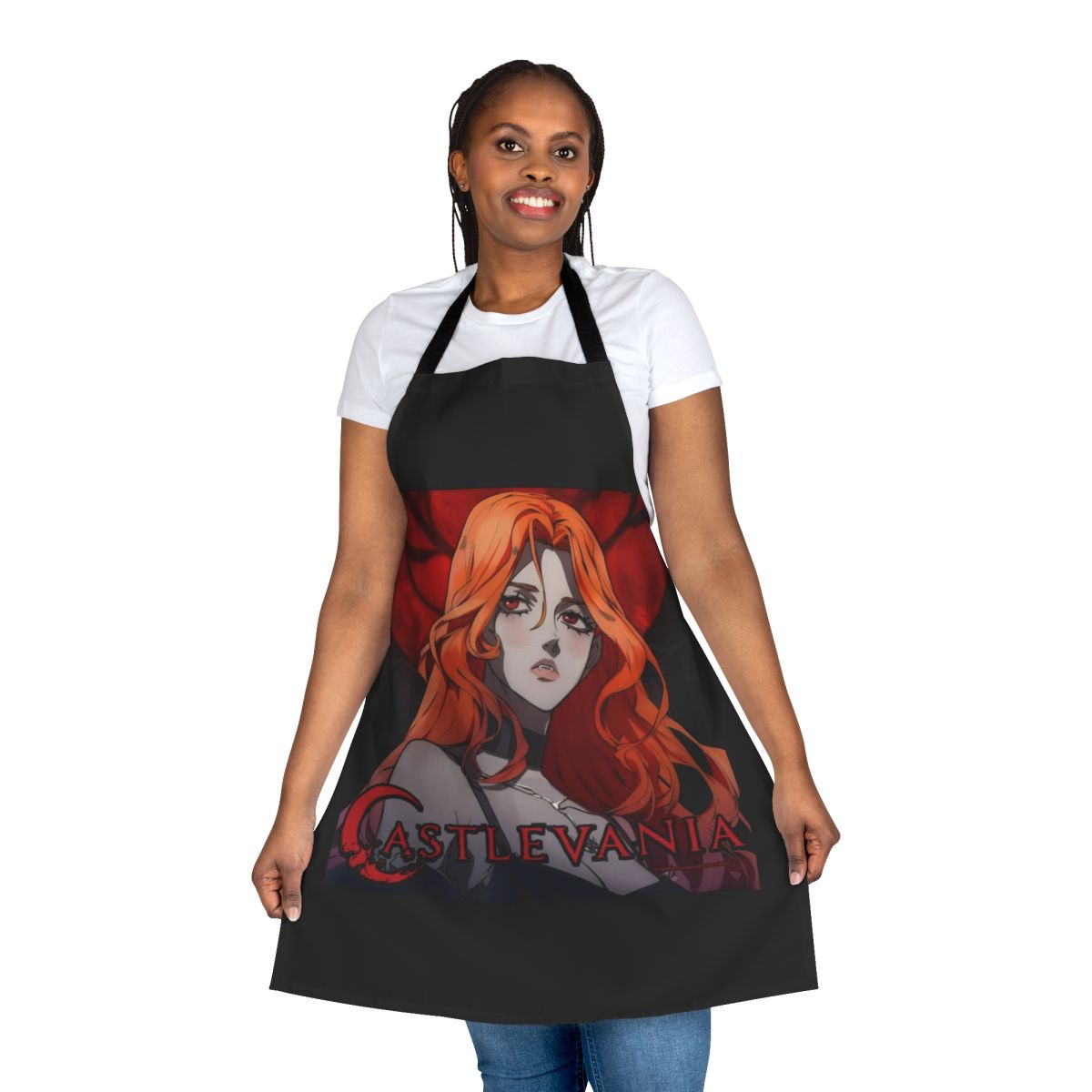 Castlevania-inspired Lenore apron featuring characters from the Netflix series