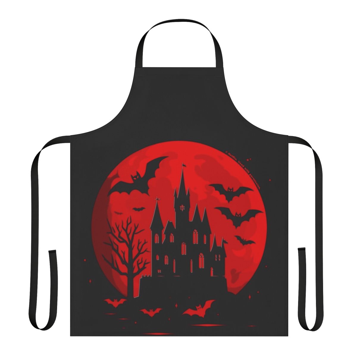 Minimalist red apron with Castlevania-inspired castle silhouette design