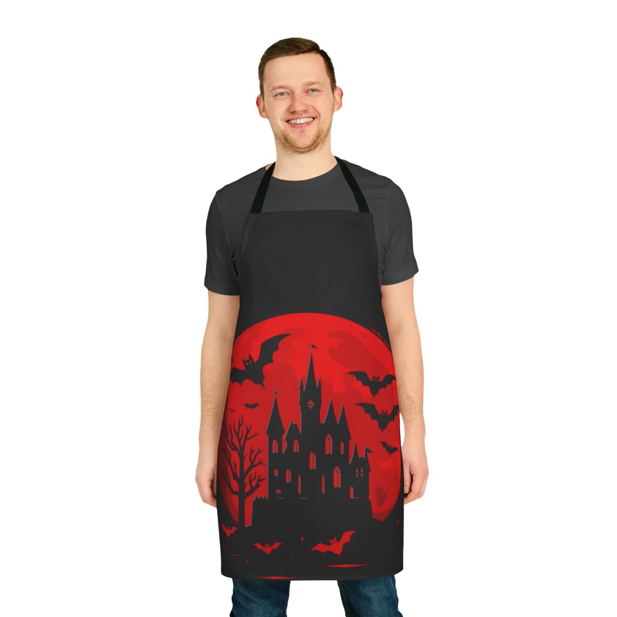 Minimalist red apron with Castlevania-inspired castle silhouette design