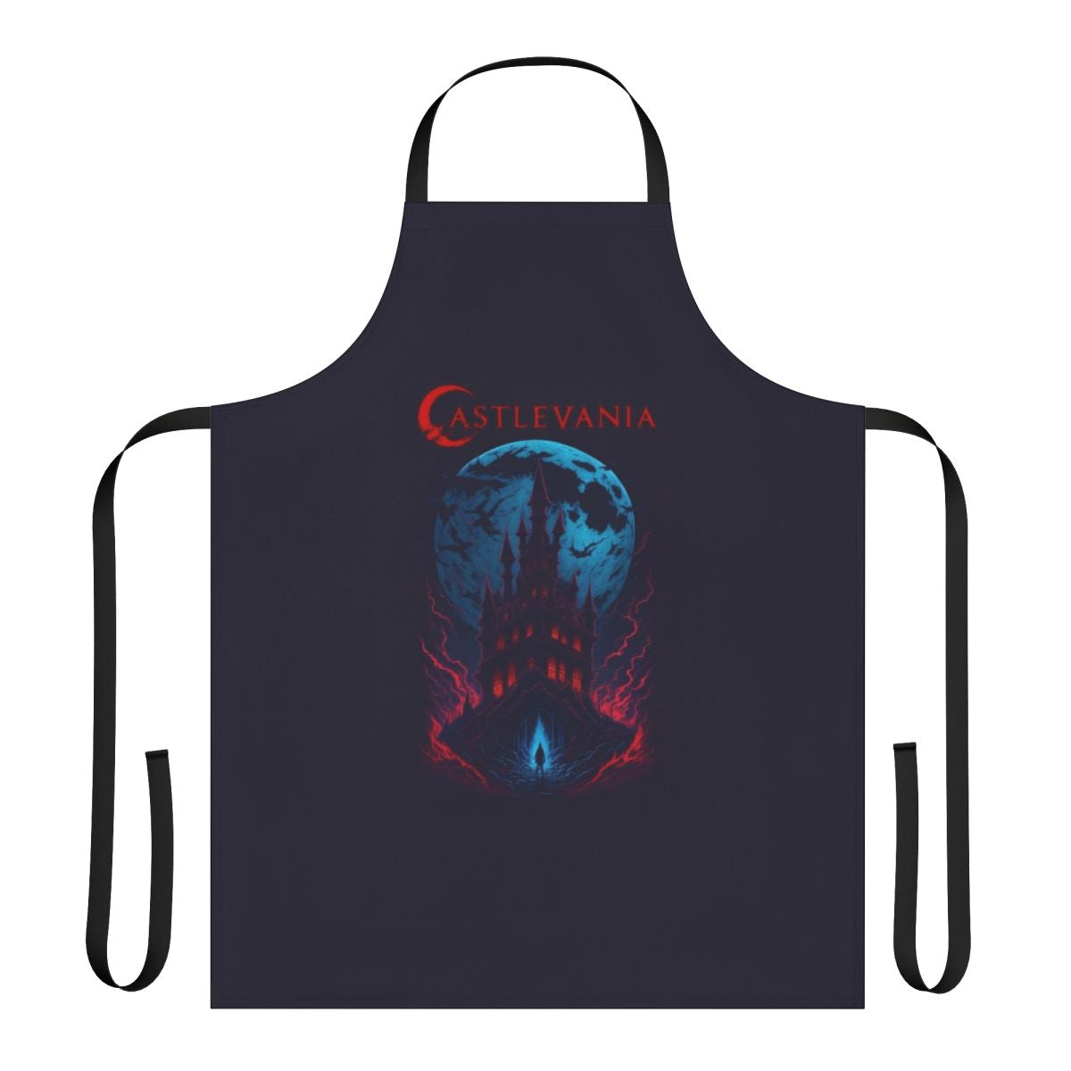 A dark and Gothic apron featuring imagery inspired by the Castlevania series