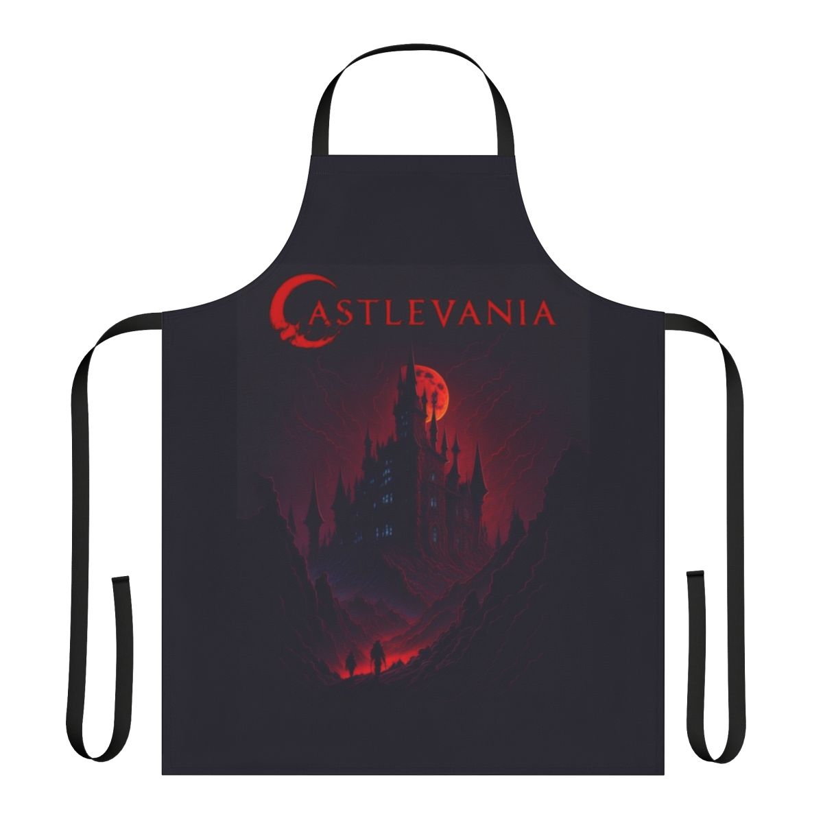 Castlevania-inspired apron featuring Dracula's castle and vampire motifs