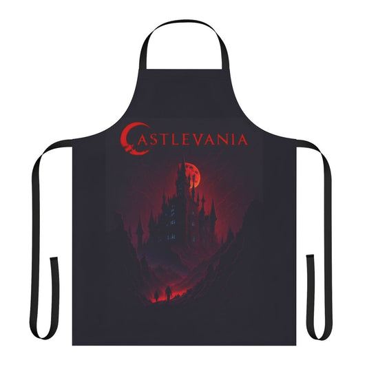 Castlevania-inspired apron featuring Dracula's castle and vampire motifs