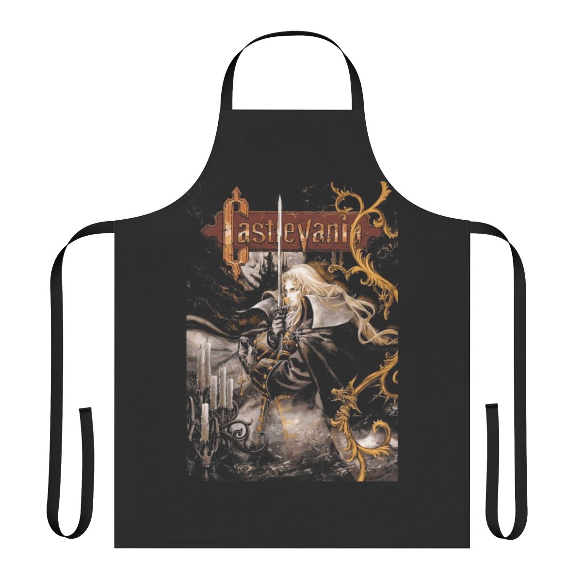 Castlevania Symphony of the Night inspired apron featuring iconic characters and imagery from the beloved video game.