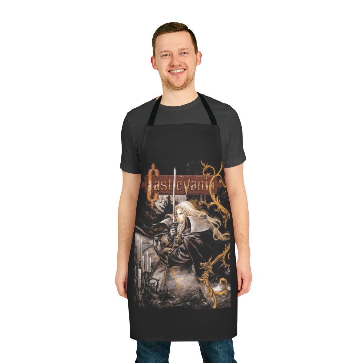 Castlevania Symphony of the Night inspired apron featuring iconic characters and imagery from the beloved video game.