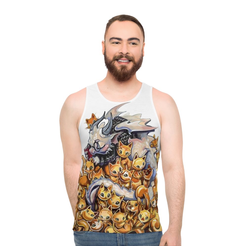 Unisex tank top featuring a cat dragon hoarding golden kittens