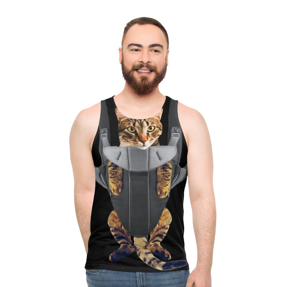 Cute tabby cat in a baby carrier printed on a unisex tank top