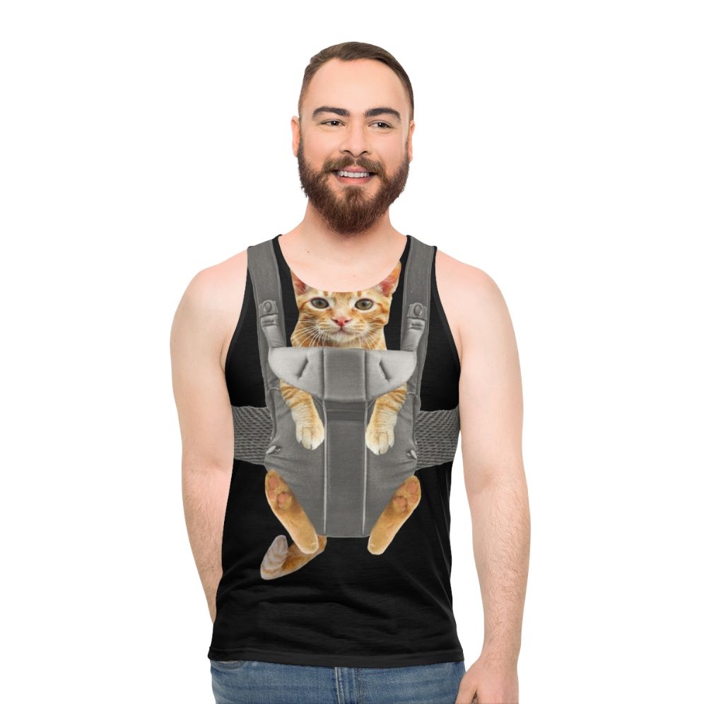 Unisex tank top with a funny cat in a baby carrier design