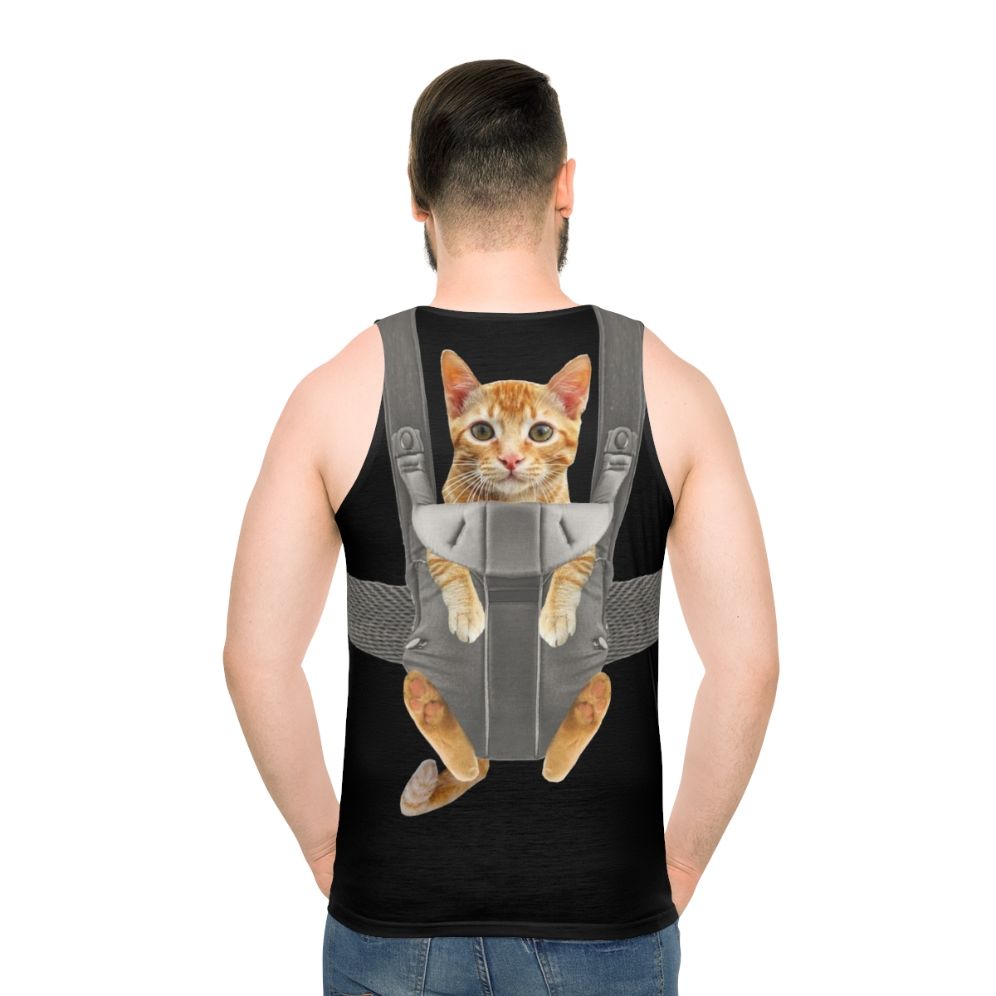 Unisex tank top with a funny cat in a baby carrier design