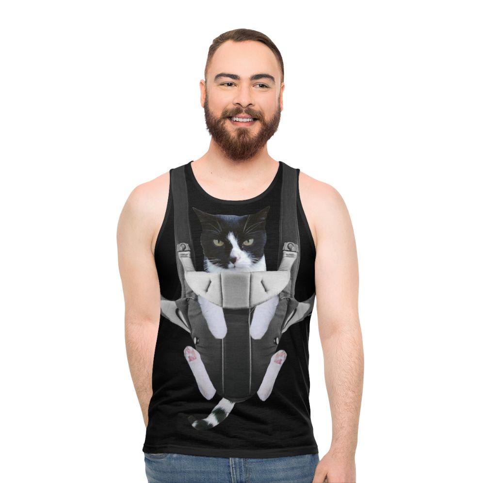 Unisex tank top with a cat in a baby carrier design