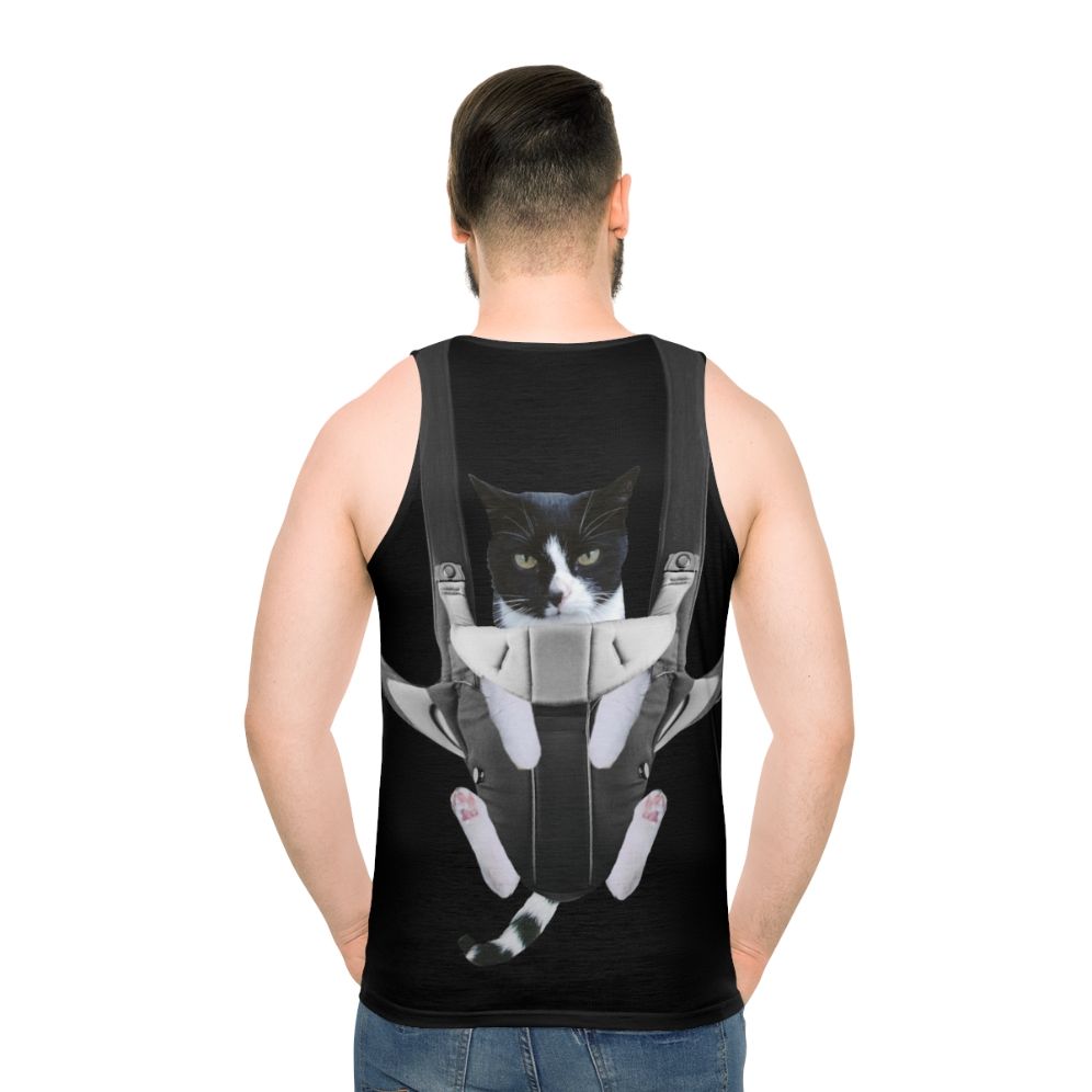 Unisex tank top with a cat in a baby carrier design