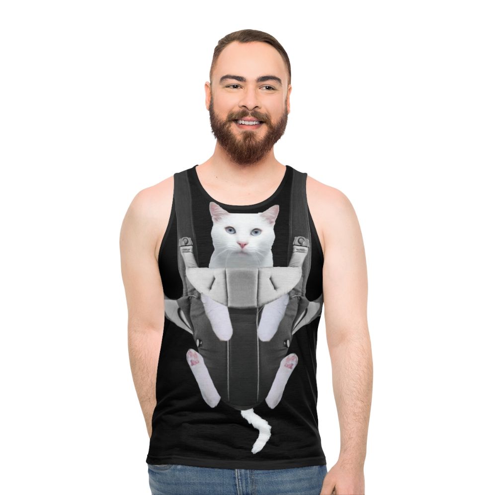 Cute tabby cat in a baby carrier on a unisex tank top