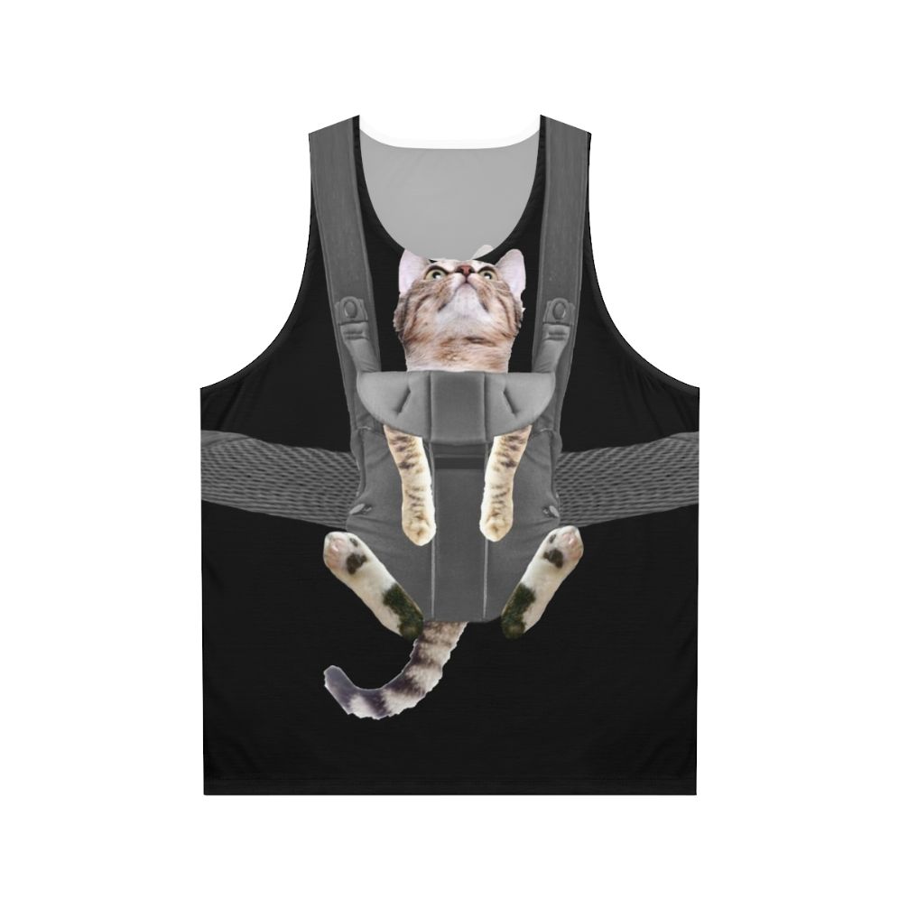 Unisex tank top with a cat in a baby carrier design