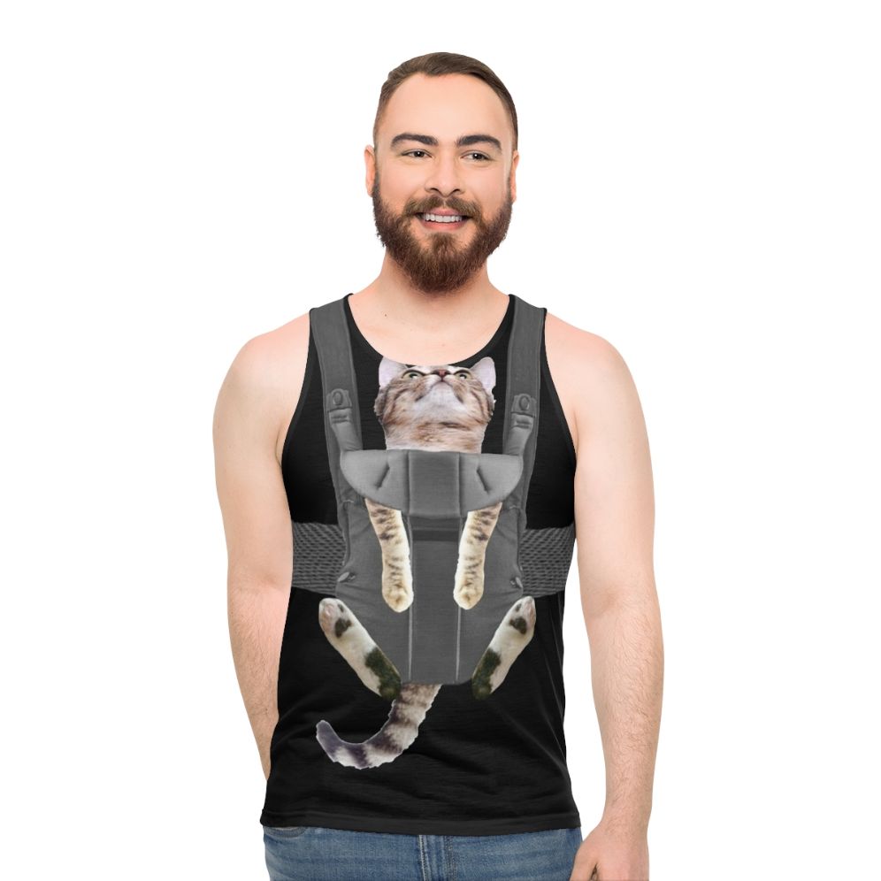 Unisex tank top with a cat in a baby carrier design