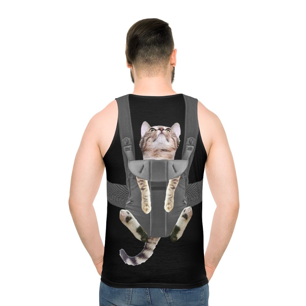 Unisex tank top with a cat in a baby carrier design