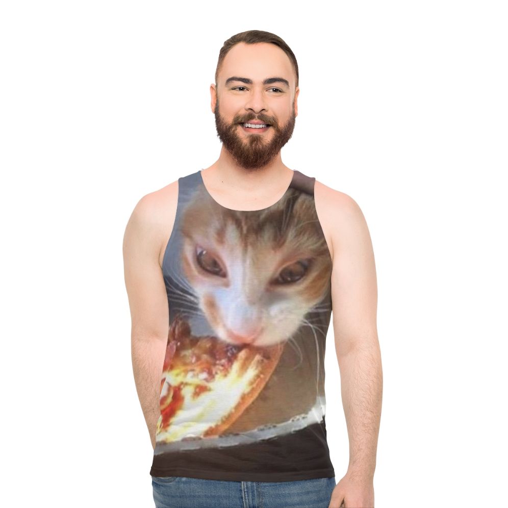 Cat licking pizza unisex tank top