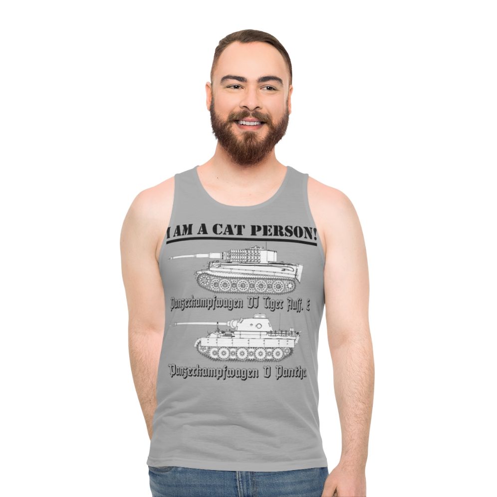 Unisex "I Am a Cat Person" tank top with military-inspired design