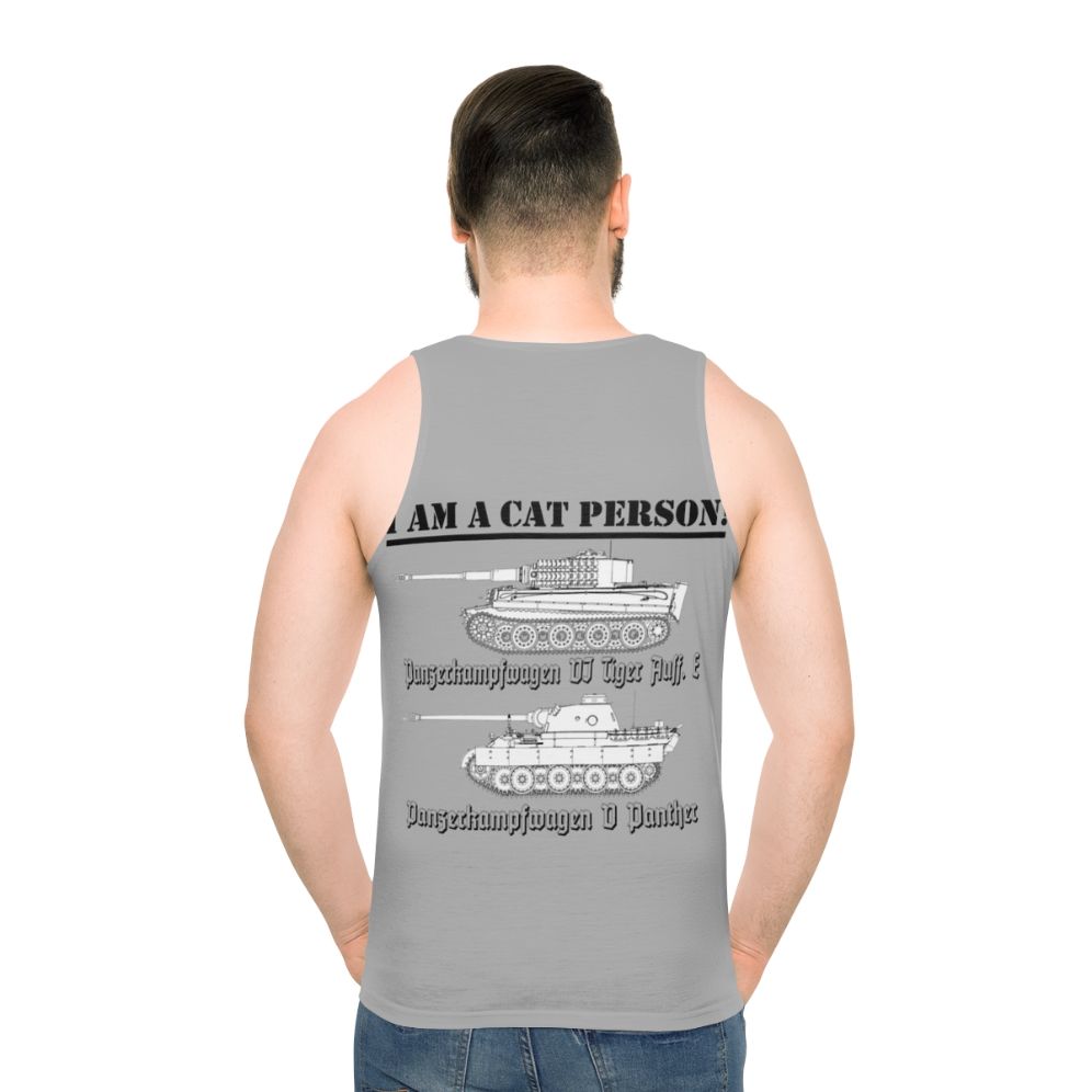 Unisex "I Am a Cat Person" tank top with military-inspired design