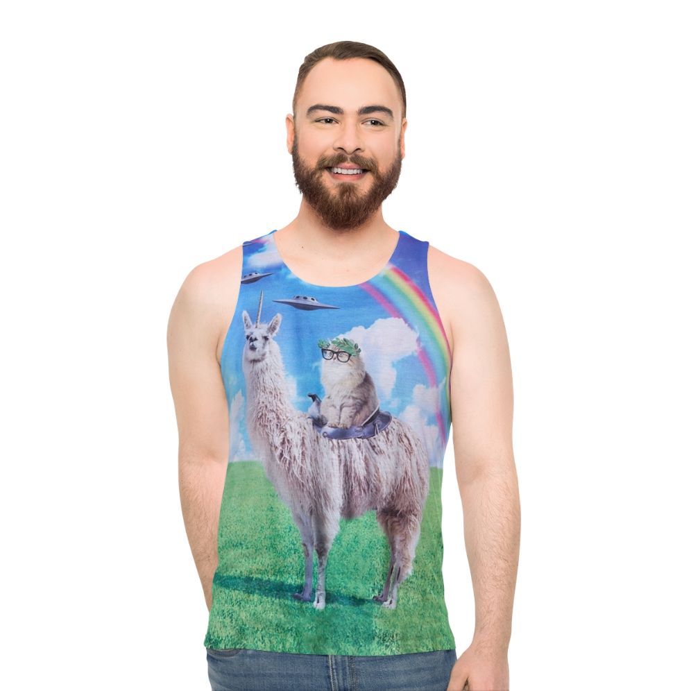 Cat riding llama unicorn with rainbow and UFO graphic tee