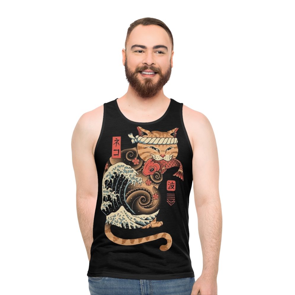 Catana Wave Unisex Tank Top featuring a cat design inspired by the Great Wave off Kanagawa