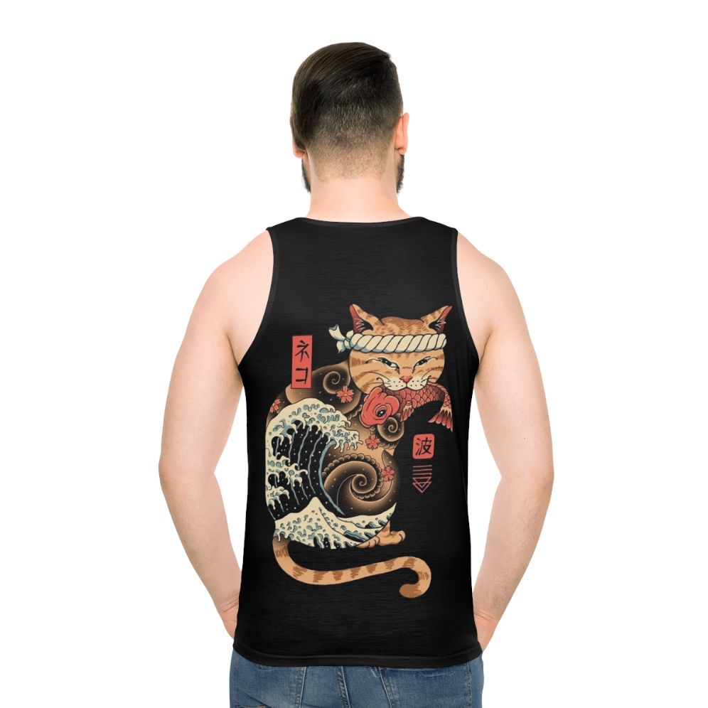 Catana Wave Unisex Tank Top featuring a cat design inspired by the Great Wave off Kanagawa