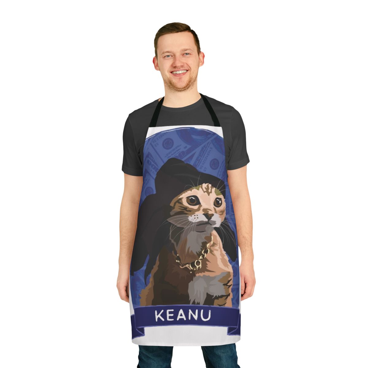 Cats of Cinema Themed Apron featuring feline art inspired by Keanu Reeves movies