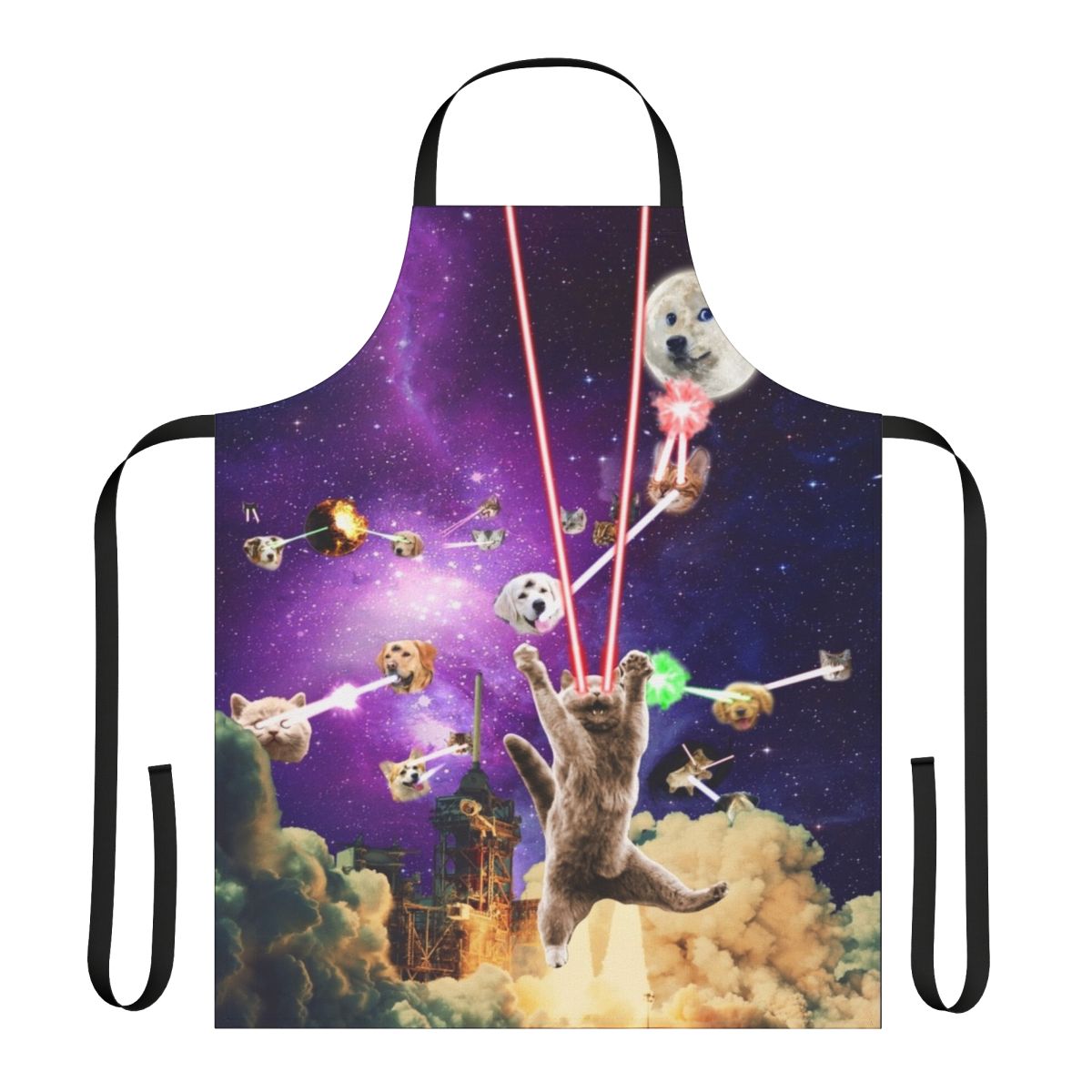 Cats with laser eyes printed on a durable apron, featuring a space and planets design.