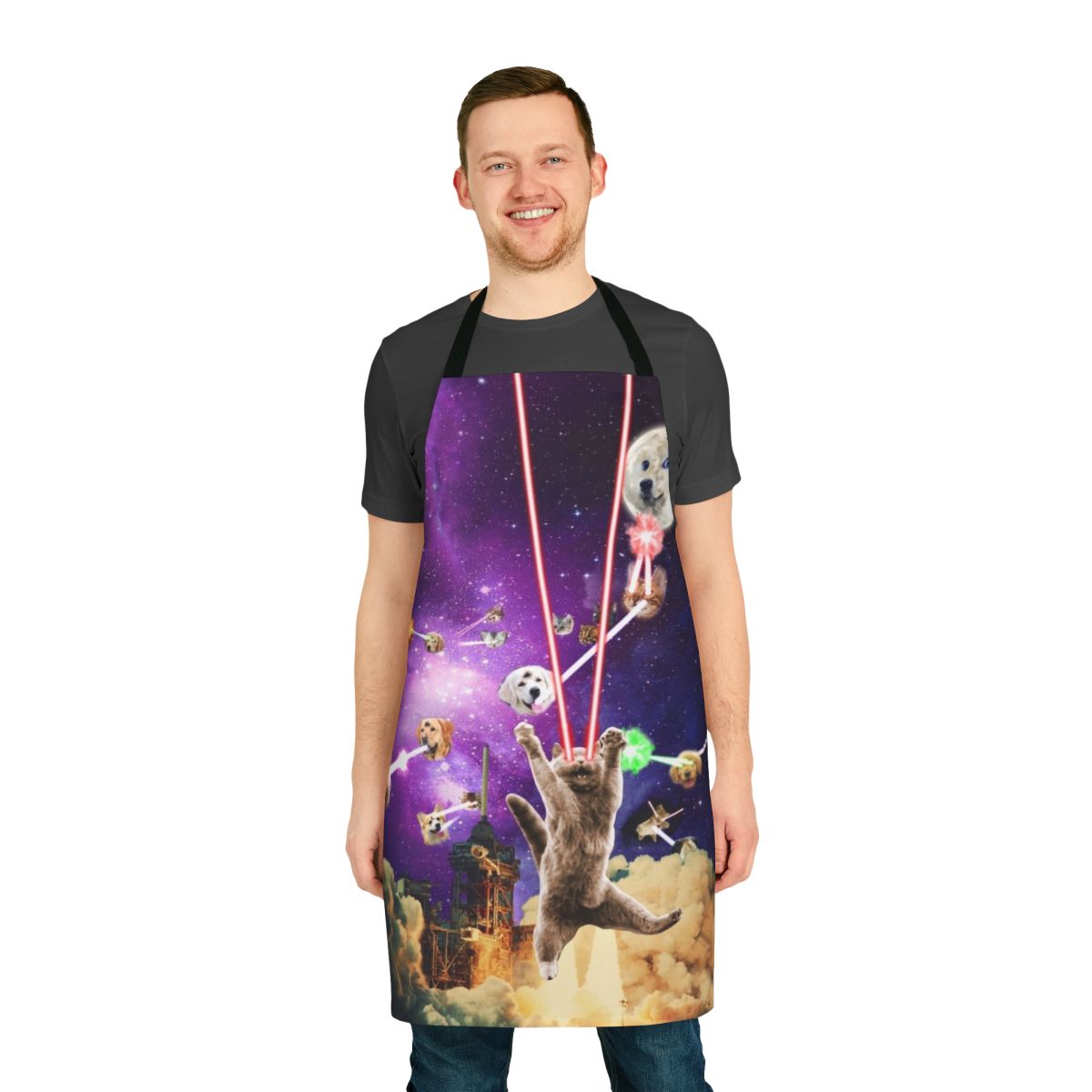 Cats with laser eyes printed on a durable apron, featuring a space and planets design.