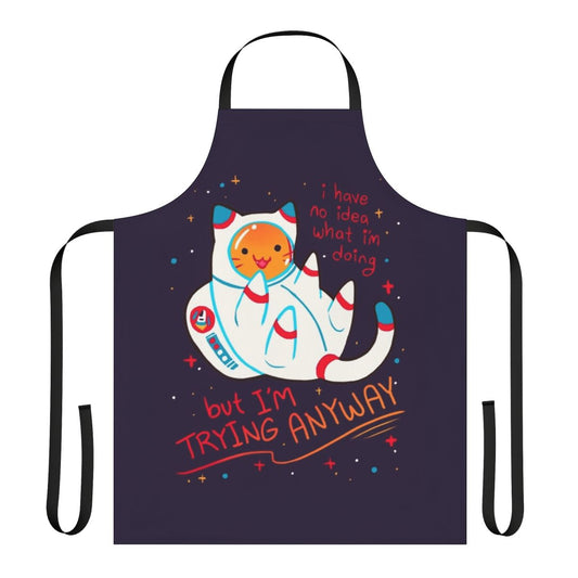 A stylish and inspirational apron featuring a cute cat astronaut design, perfect for cat lovers and space enthusiasts.